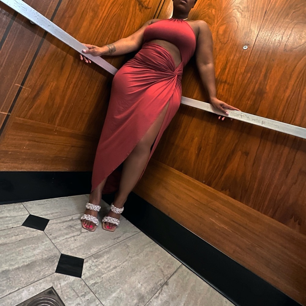 Halter slit dress.